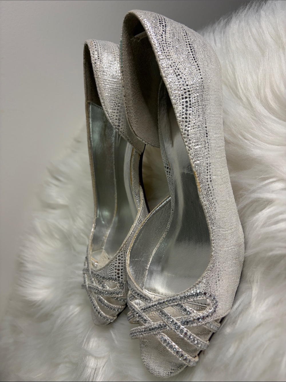 Silver Rhinestone Peep-Toe Heels - Women's